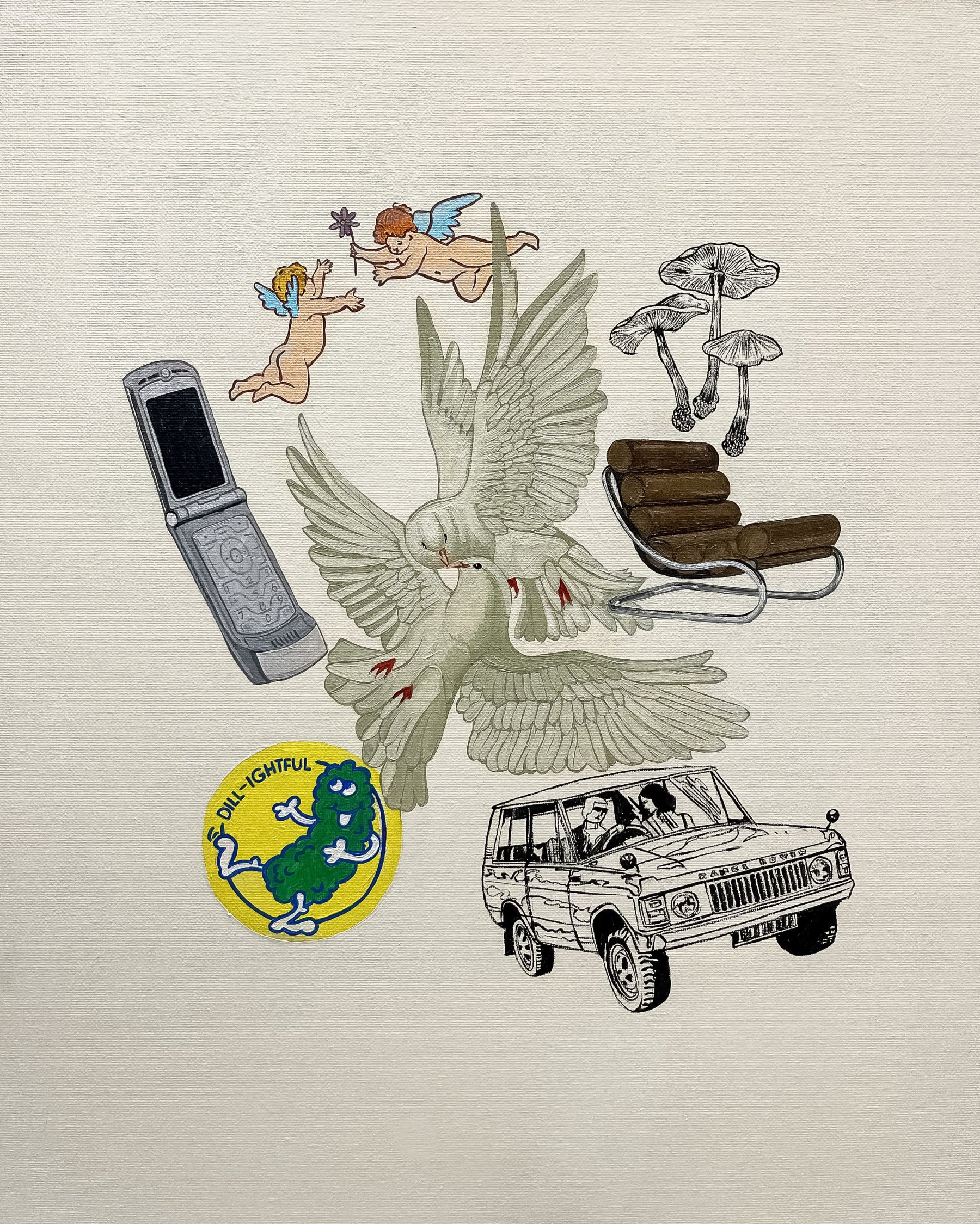 Painting on canvas of nostalgic pop culture items such as a Range Rover, a Motorola flip phone, iconic mid century armchair, doves and angels.
