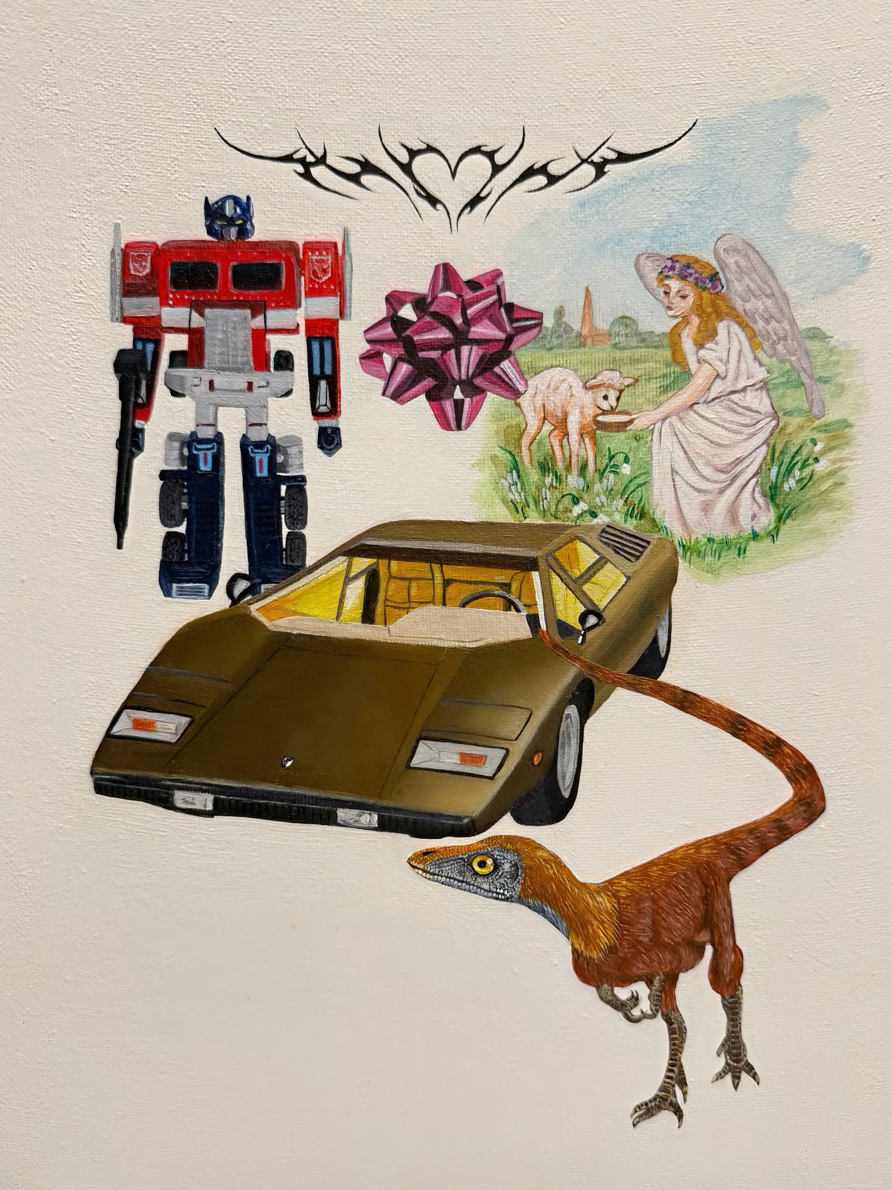 Chrome and Halos, a whimsical, nostalgic painting depicting a Hot Wheels Lamborghini, an Optimus Prime Transformer, a floating angel feeding a lamb, and a small lower-back tattoo (‘tramp stamp’). The composition explores childhood memories, gendered expectations, and the tension between innocence and rebellion, rendered in soft, playful, dreamlike colors and textures.