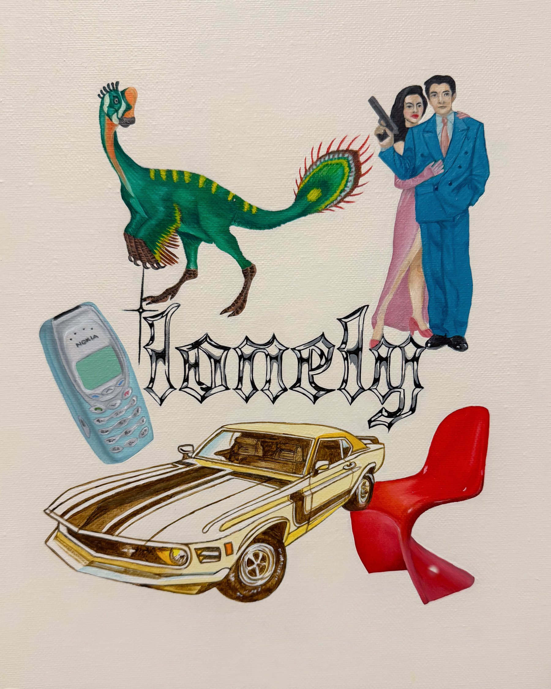 Lonely, a nostalgic, whimsical painting featuring solitary figures in a dreamlike landscape, soft sunlit colors, and playful childhood references, capturing memory, introspection, and the tender balance between innocence and melancholy.