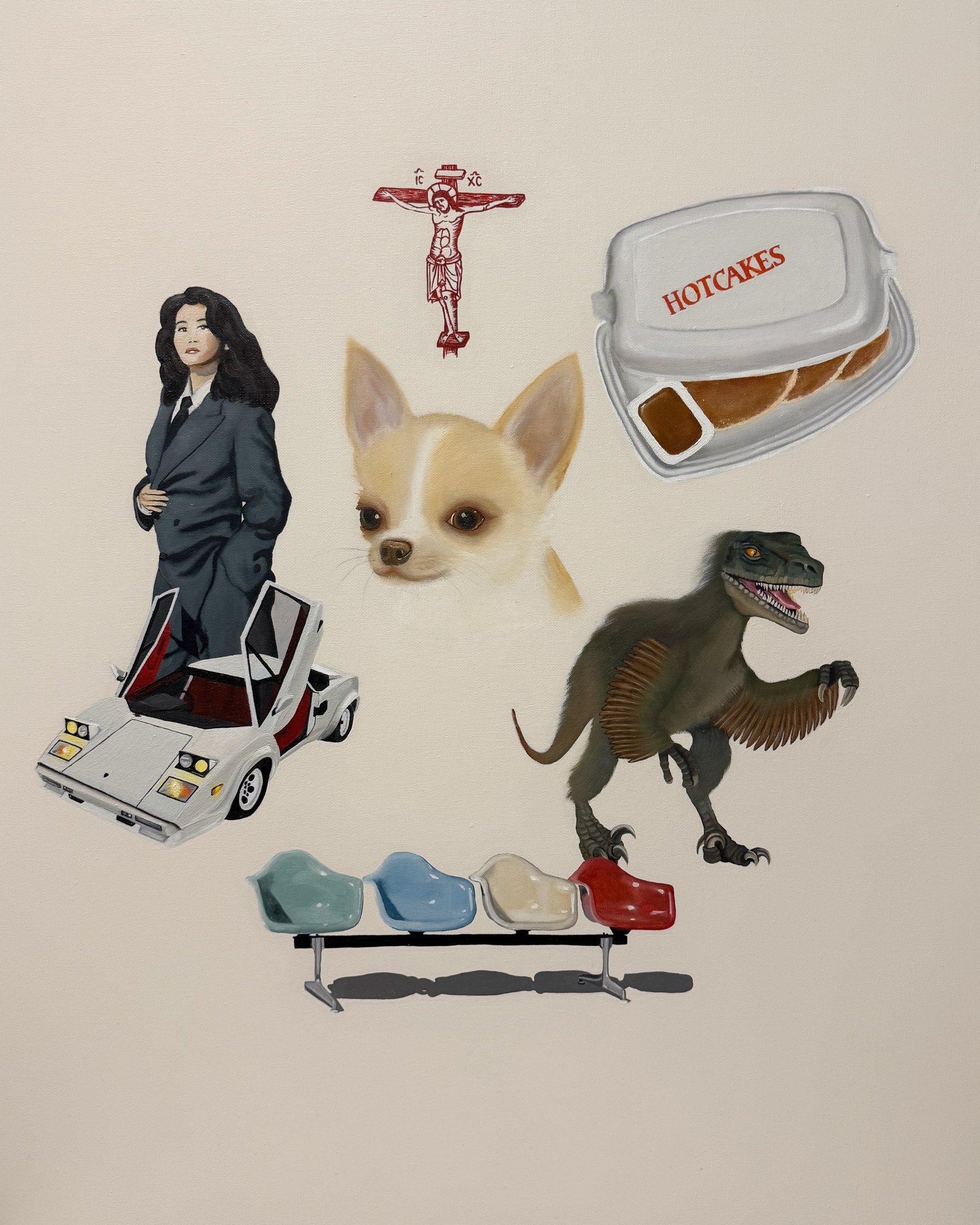 Broken Axle, a whimsical, nostalgic painting featuring 90s childhood toys, a floating angel, and playful surreal elements, exploring memory, innocence, and subtle rebellion, rendered in soft, textured brushstrokes with dreamlike colors.