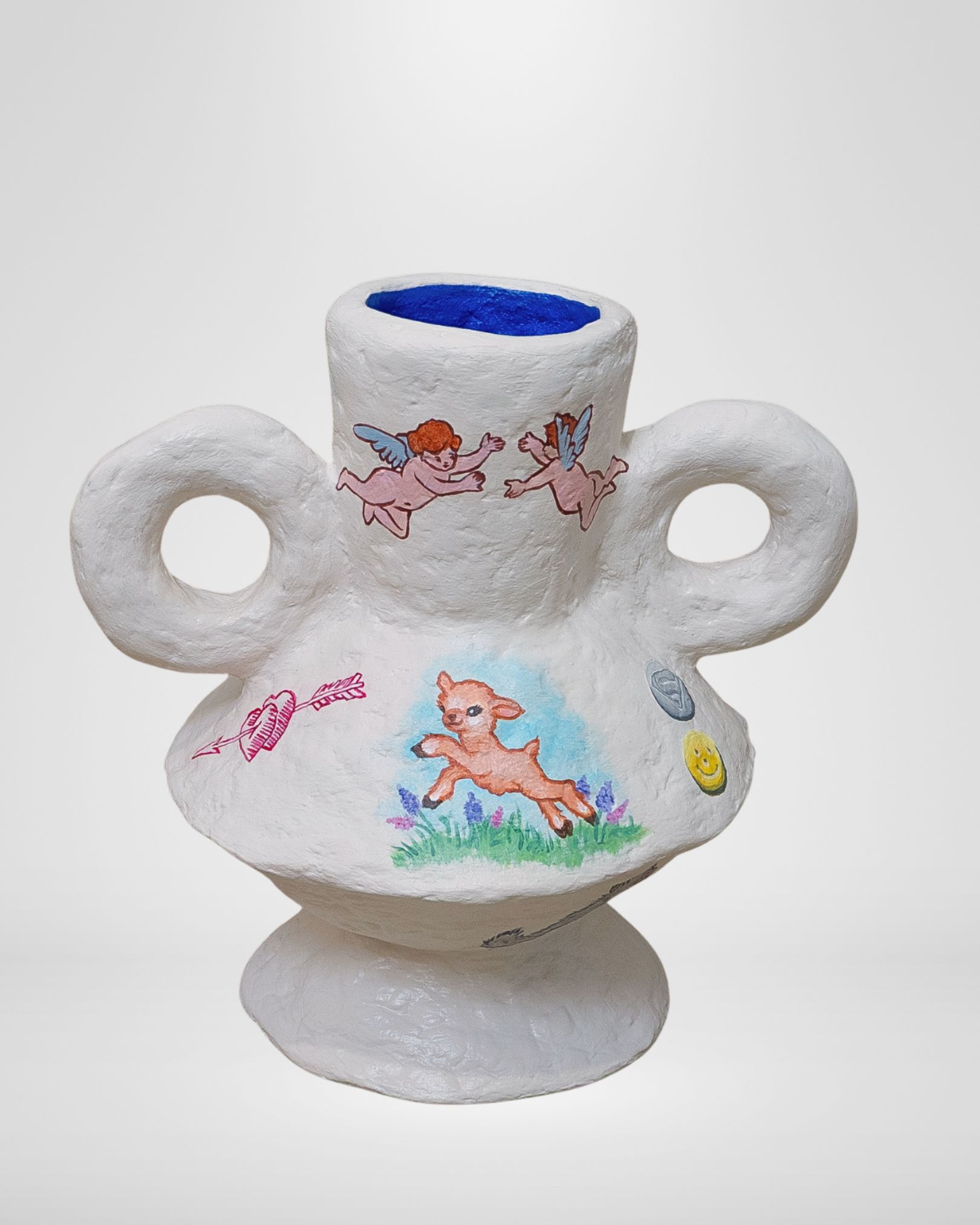 Euphoris Vase, a hand-built sculptural paper clay vase, hand-painted with whimsical, dreamlike imagery including playful childhood references, nostalgic objects, and layered textures, blending innocence and surreal storytelling in a tactile, collectible vessel.